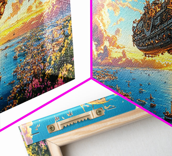 Flying Galleon Above Sunlit Coastal City Canvas Print, Whimsical Fantasy Wall Art For Travel Decor And Bright Living Room