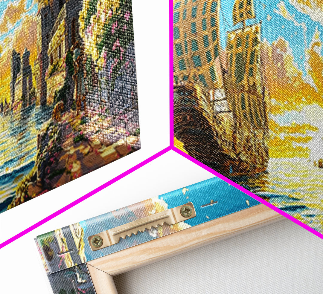 Golden Sailing Ship Canal Wall Art, Mediterranean Coastal Decor, Fantasy Seascape Canvas Print, Vibrant Living Room Art Print