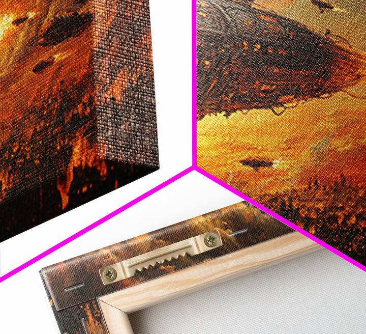 Fiery Airship Over Burning City Wall Art, Dark Steampunk Sci Fi Decor, Futuristic Landscape Canvas Print, Man Cave Art Gift
