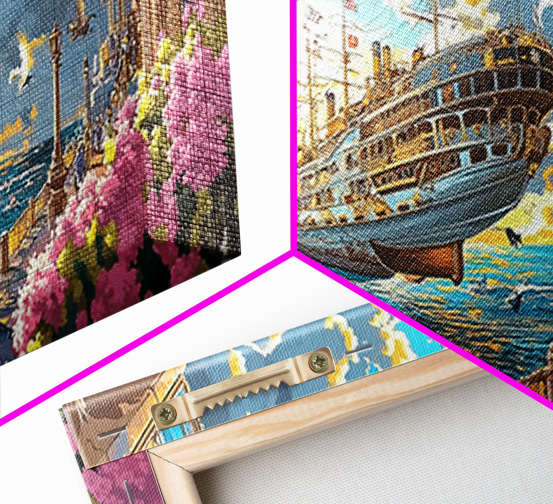 Sunlit Flying Ship By Floral Coast Wall Art, Whimsical Coastal Fantasy, Vibrant Canvas Print, Nautical Living Room Decor