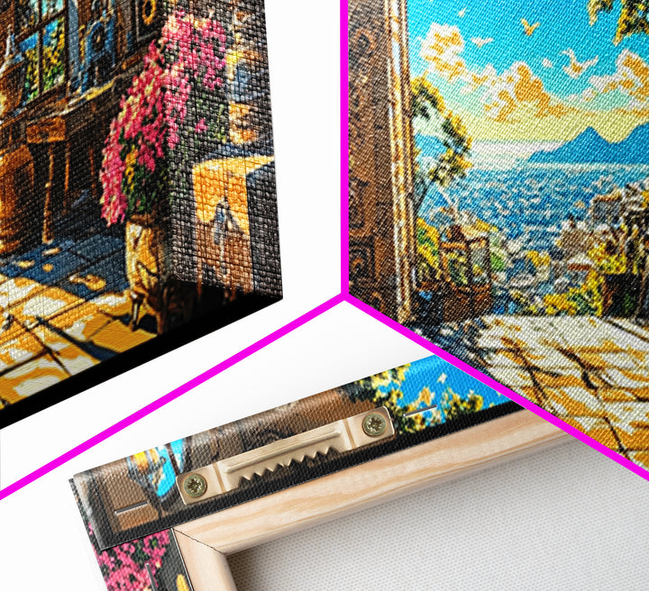 Sunlit Mediterranean Terrace With Pink Flowers Canvas Print, Coastal Wall Art, Italian Home Decor, Living Room Decor Gift