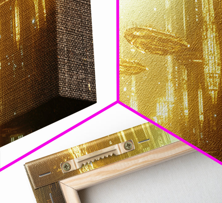 Golden Futuristic City With Floating Airships Framed Canvas Print, Sci Fi Wall Art, Cyberpunk Decor, Statement Artwork Gift For Him