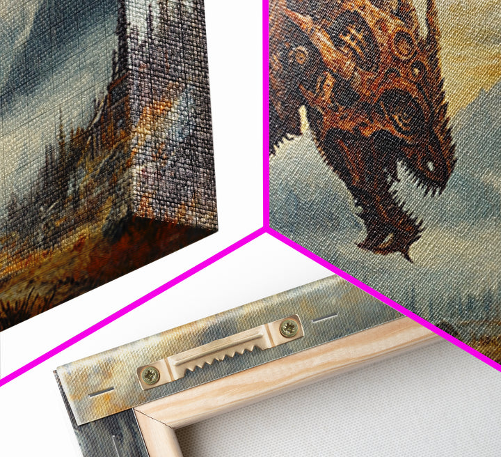 Steampunk Dragon Confronting Lone Traveler Framed Canvas Print, Fantasy Wall Art, Gothic Decor, Mountain Landscape Art, Gift For Him