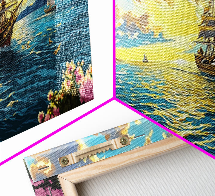 Sunset Tall Ship Sailing Past Flowered Balcony Canvas Print, Coastal Wall Art, Nautical Decor, Mediterranean Home Decor, Gift For Her