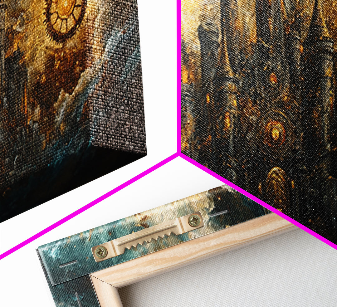 Dark Clockwork Castle Under Stormy Skies Framed Canvas Print, Gothic Wall Art, Steampunk Decor, Fantasy Home Decor, Statement Artwork