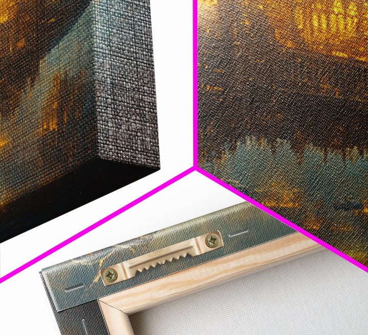 Golden Steampunk Airship City Framed Canvas Print, Futuristic Sci Fi Wall Decor, Dark Fantasy Art For Office Decor, Gift For Him