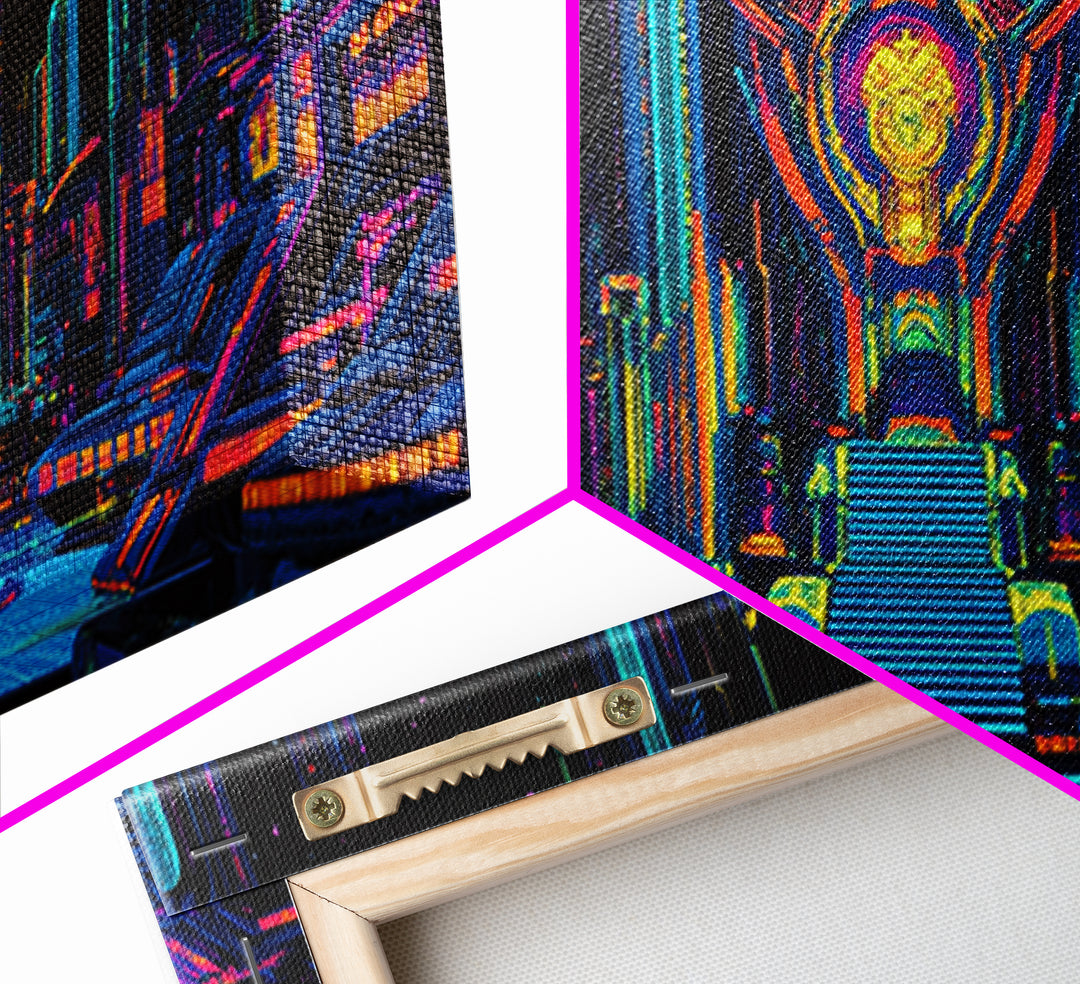 Neon Cyberpunk Throne Room Canvas Print, Futuristic Sci Fi Wall Art, Gaming Room Decor, Vibrant Office Wall Decor, Gift For Him