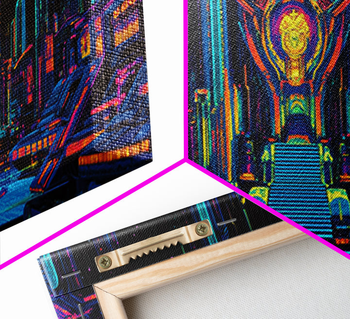 Neon Cyberpunk Throne Room Canvas Print, Futuristic Sci Fi Wall Art, Gaming Room Decor, Vibrant Office Wall Decor, Gift For Him