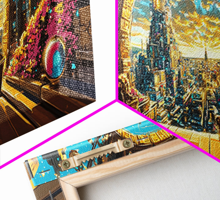 Golden Portal Balcony Over Future City Wall Art, Futuristic Canvas Print, Sci Fi Living Room Decor, Statement Office Art