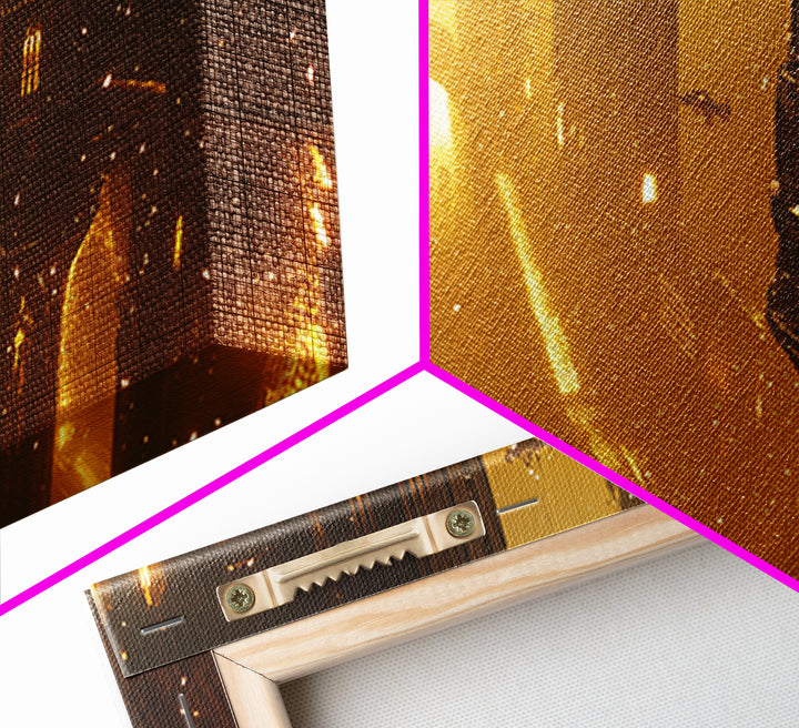 Golden Futuristic Megacity With Airships Wall Art, Sci Fi Cityscape Canvas, Cyberpunk Decor, Large Statement Living Room Print