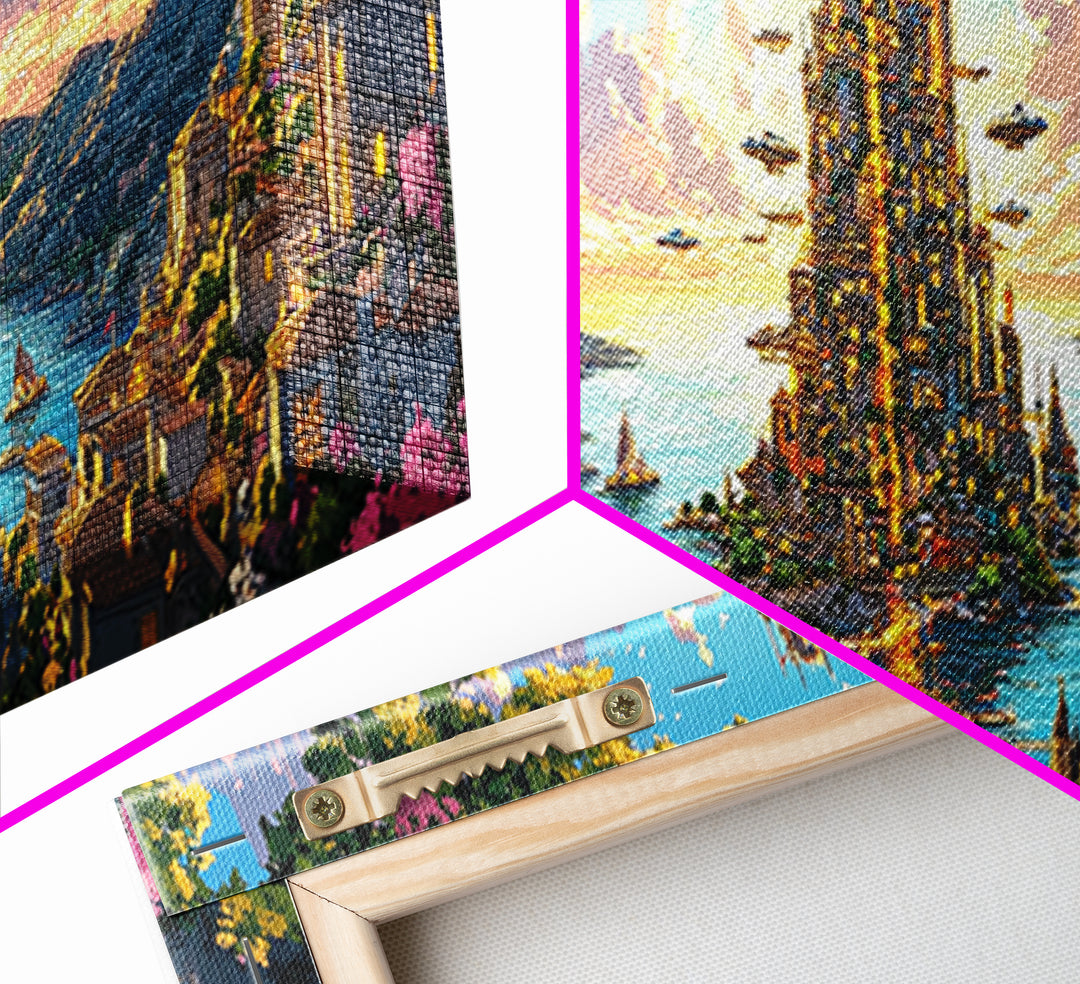 Radiant Island Tower And Alpine Bay Framed Canvas Print, Fantasy Coastal Wall Art, Italy Decor, Colorful Living Room Art