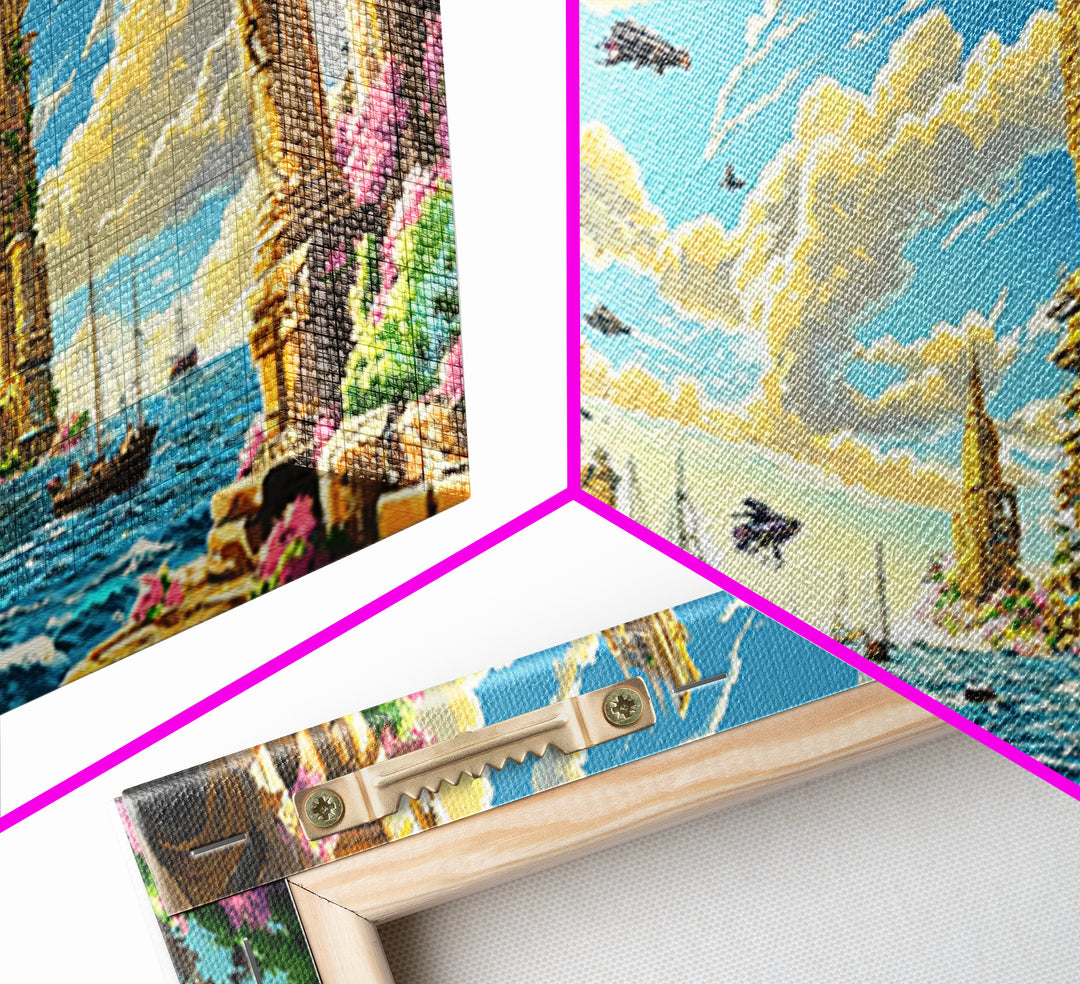 Blooming Fantasy Canal And Golden Towers Wall Art, Coastal Seascape Canvas, Mediterranean Decor, Large Horizontal Living Room Print