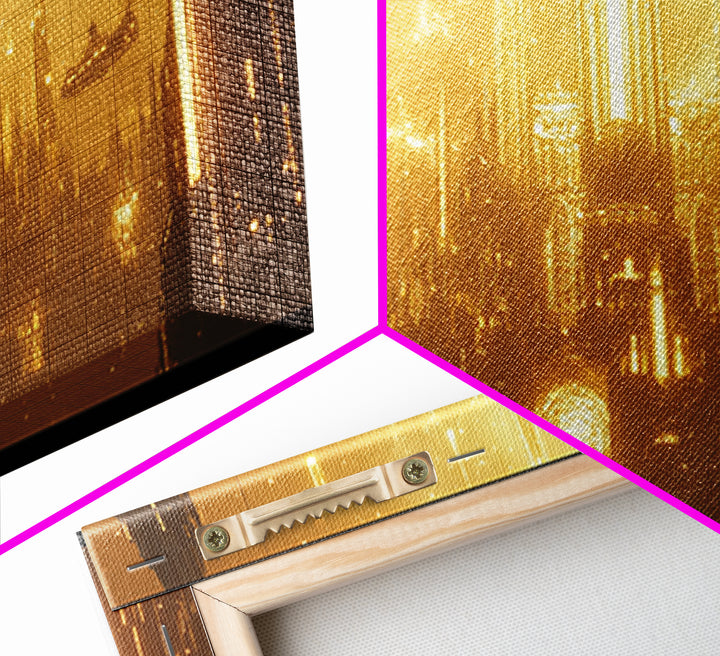 Glowing Golden Future Cathedral And Airships Canvas Print, Sci Fi Wall Art, Luxury Cyberpunk Decor, Oversized Statement Art