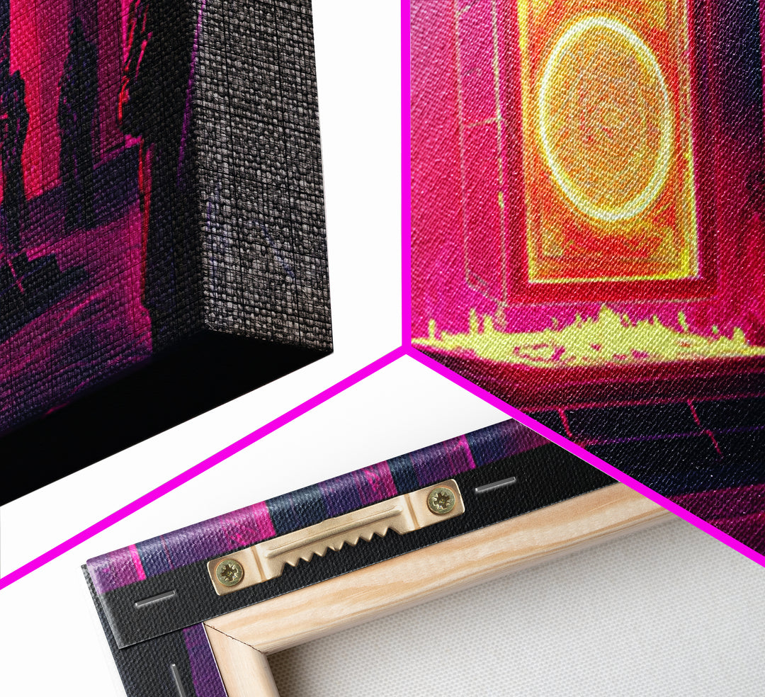 Neon Magenta Monolith Ritual Framed Canvas Print, Cyberpunk Wall Art, Sci Fi Decor, Dark Moody Futuristic Gallery Room Poster