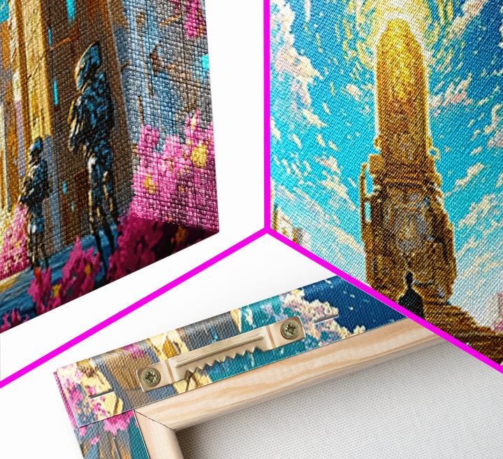 Celestial Portal Monument With Blossoms Wall Art, Modern Futuristic Sci Fi Canvas, Cyberpunk Decor, Vibrant Living Room Print