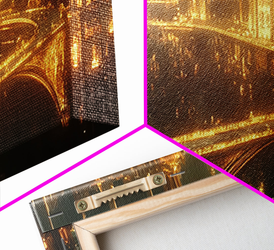 Golden Futuristic Palace City And Bridges Framed Canvas Print, Sci Fi Wall Art, Luxury Cityscape Large Statement Living Room Decor