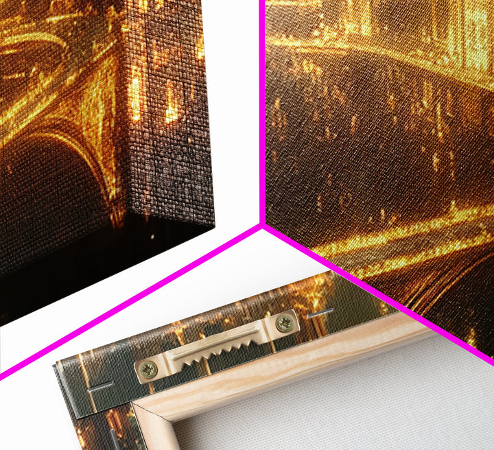 Golden Futuristic Palace City And Bridges Framed Canvas Print, Sci Fi Wall Art, Luxury Cityscape Large Statement Living Room Decor