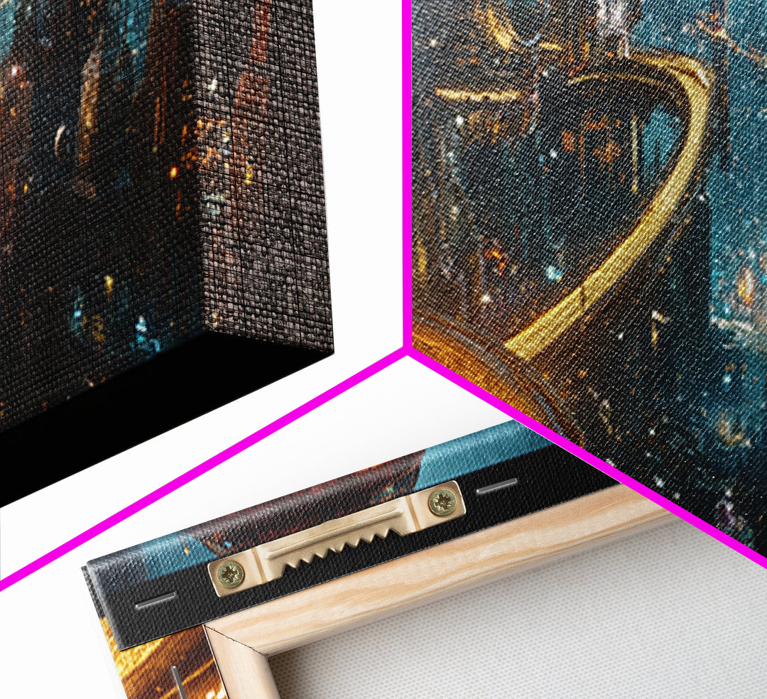 Cyberpunk Balcony Over Neon Megacity Wall Art, Futuristic Sci Fi Canvas, Dystopian Cityscape Large Office Living Room Print