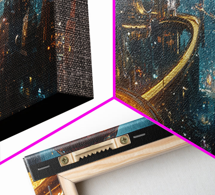 Cyberpunk Balcony Over Neon Megacity Wall Art, Futuristic Sci Fi Canvas, Dystopian Cityscape Large Office Living Room Print
