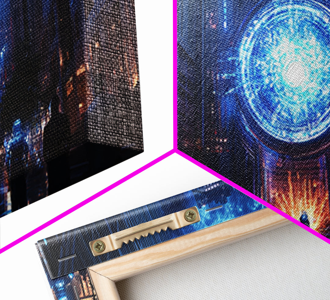 Blue Cosmic Portal Over Dark City Street Framed Canvas Print, Sci Fi Wall Art For Gaming Room Decor And Modern Cyberpunk Decor