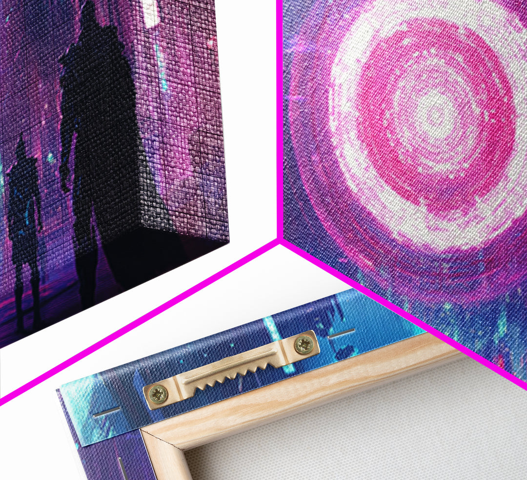 Neon Pink Portal In Rainy Cyberpunk Megacity Canvas Print, Futuristic Wall Art For Gaming Room Decor And Sci Fi Gift For Him