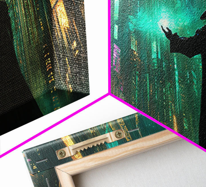 Wizard Casting Green Light In Futuristic Neon City Framed Canvas Print, Cyberpunk Wall Art For Sci Fi Office Decor And Gaming Room