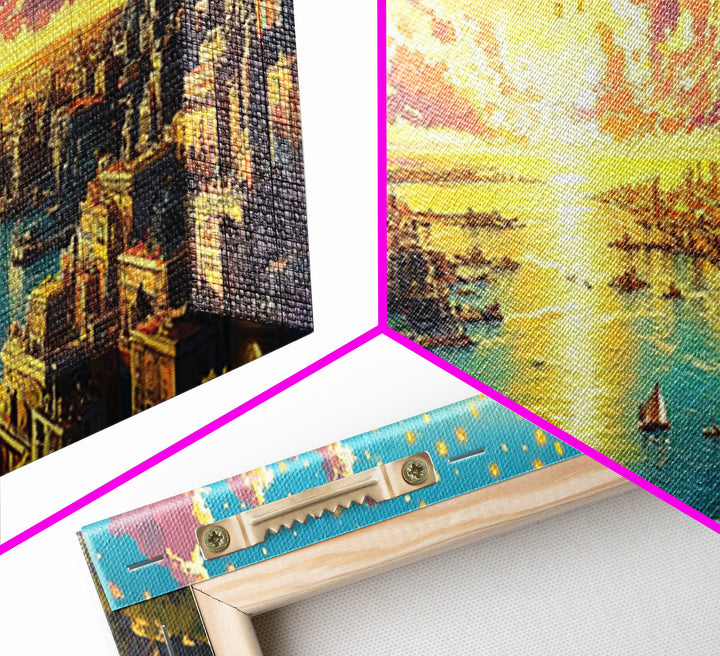 Panoramic Golden Harbor City At Sunrise Wall Art, Futuristic Coastal Canvas Print For Living Room Decor And Large Horizontal Art