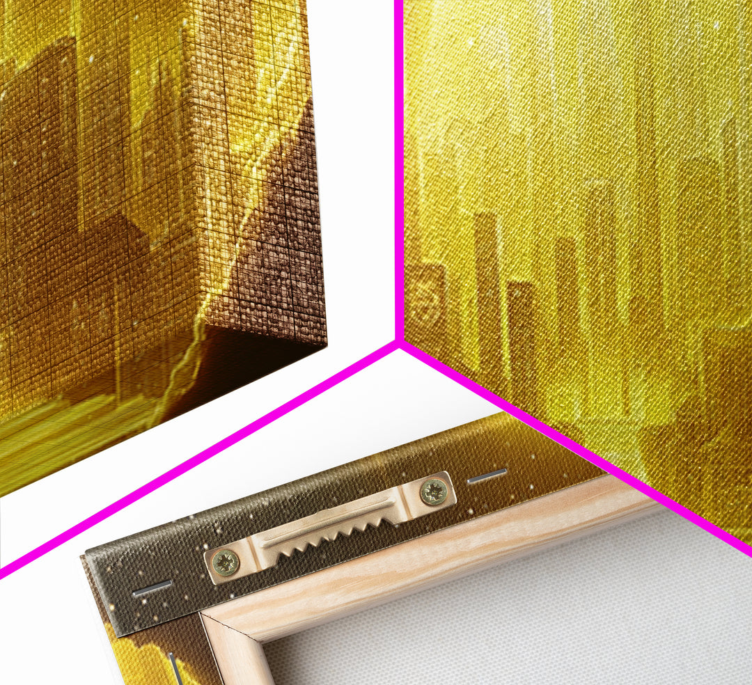 Golden Moon Over Futuristic Skyline And River Wall Art, Celestial City Canvas Print For Modern Office Decor And Sci Fi Home Decor