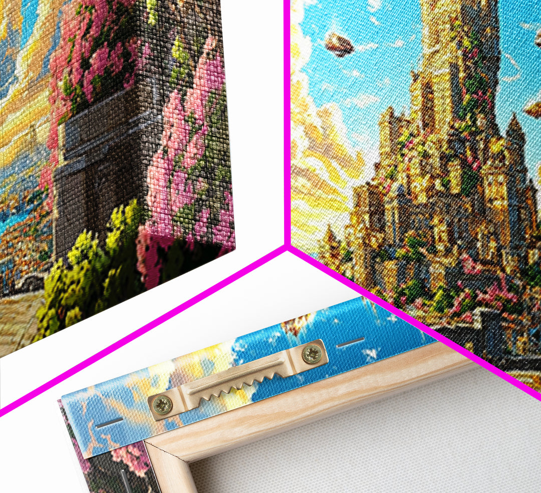 Sunlit Floating Castle City Canvas Print, Fantasy Wall Art, Dreamy Landscape Decor For Large Living Room, Whimsical Sky Kingdom Art