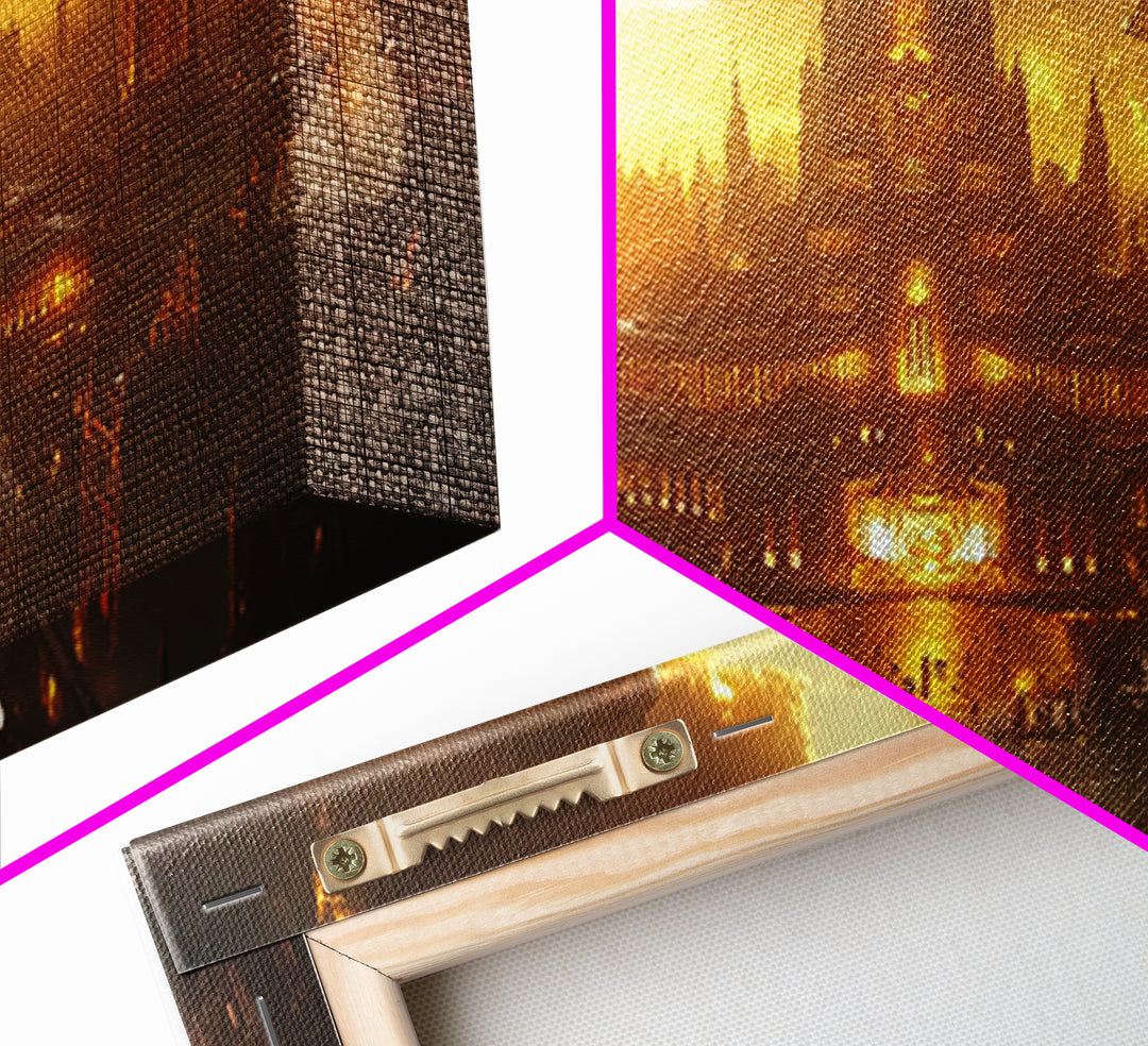 Golden Steampunk Palace Skyline Framed Canvas Print, Fantasy Wall Art, Futuristic Cityscape For Moody Office Decor And Living Room Decor