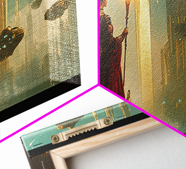 Cloaked Mage With Torch Canvas Print, Fantasy Wall Art, Futuristic Cityscape, Dark Academia Office Decor, Sci Fi Art, Gift For Him