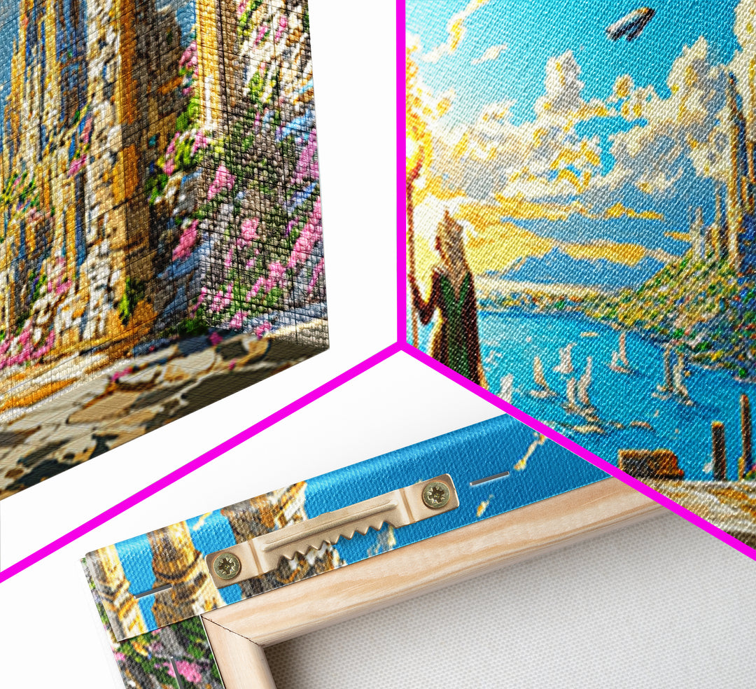 Ancient Ruins Over Ocean Canvas Print, Fantasy Wall Art, Coastal Sky Kingdom Landscape, Whimsical Living Room Decor And Office Art