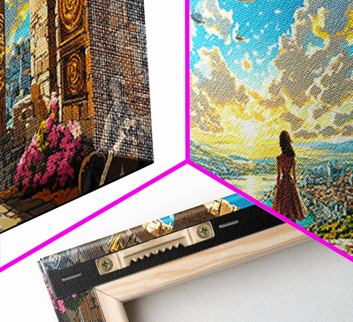 Girl At Golden Archway Canvas Print, Fantasy Wall Art, Magical City View, Whimsical Bedroom Decor And Nursery Wall Art Print