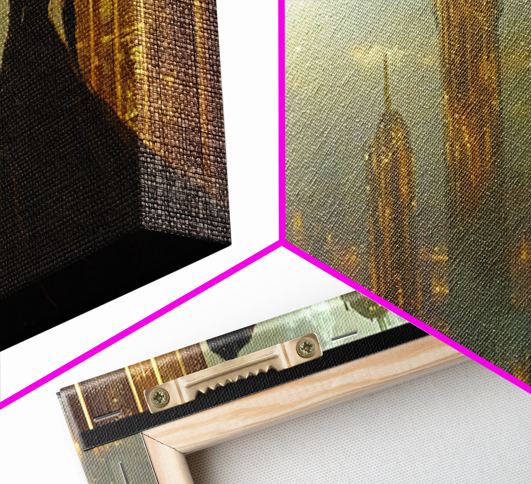 Elegant Woman Over Golden City Framed Canvas Print, Fantasy Wall Art, Futuristic Skyline Decor, Dark Feminine Office Art