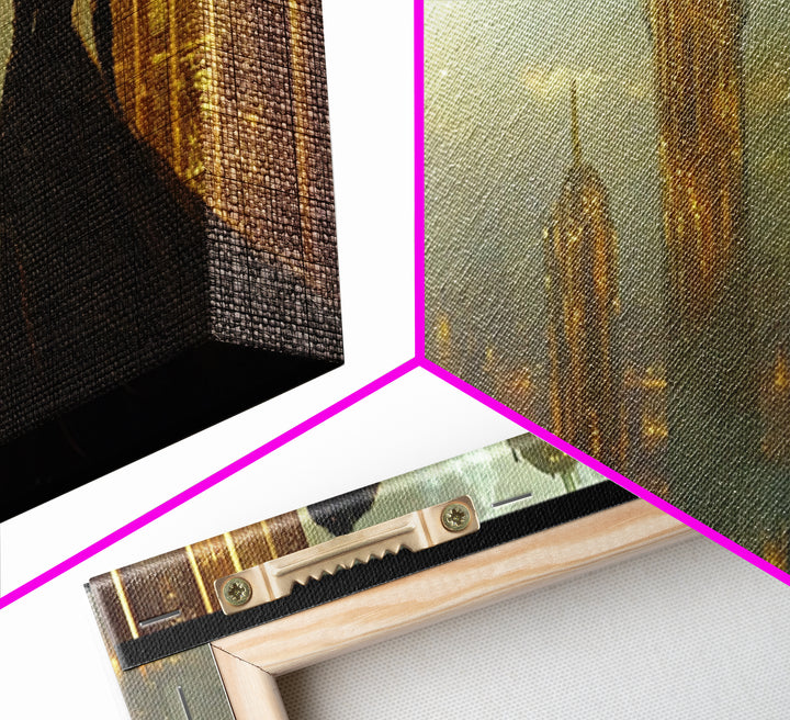 Elegant Woman Over Golden City Framed Canvas Print, Fantasy Wall Art, Futuristic Skyline Decor, Dark Feminine Office Art