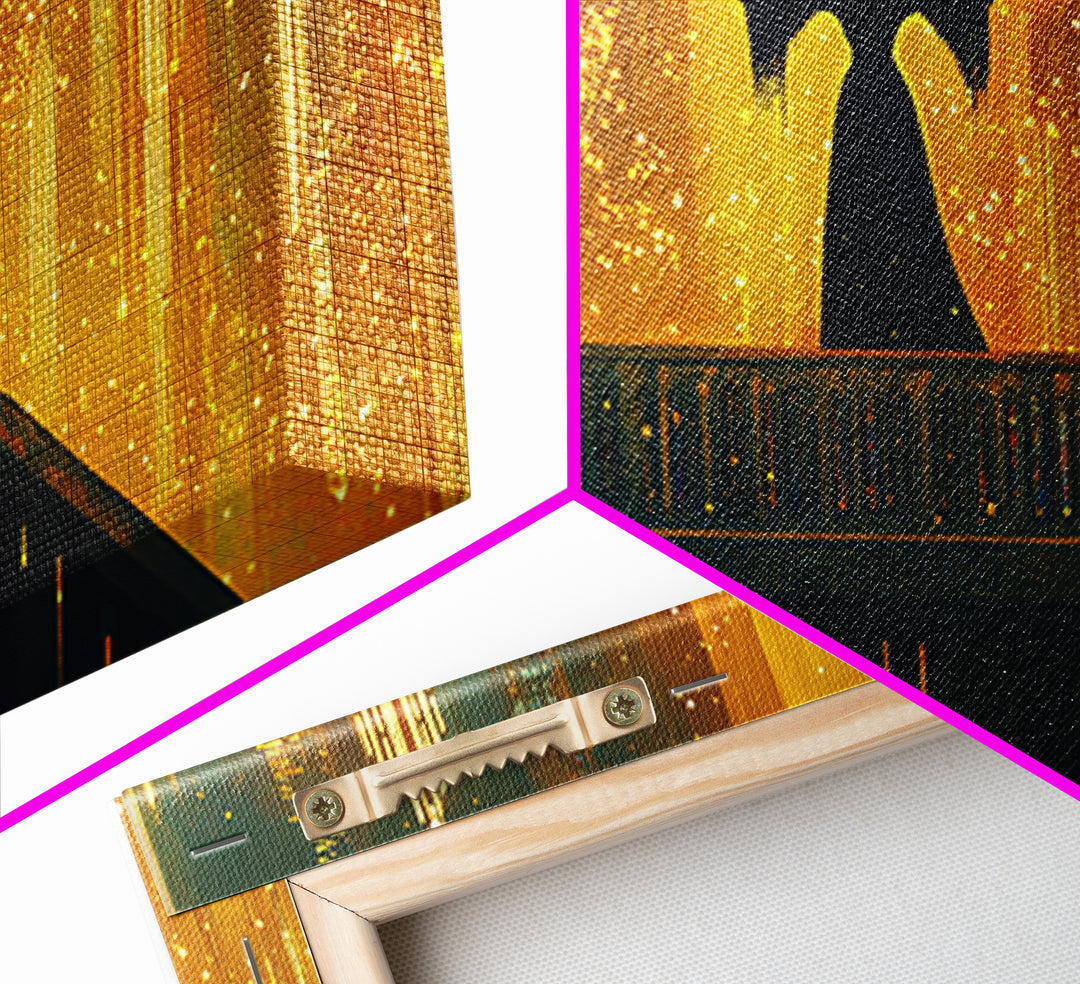 Golden Futuristic City Silhouette Canvas Print, Sci Fi Wall Art, Cyberpunk Skyline Decor, Neon Fantasy Living Room Art Poster