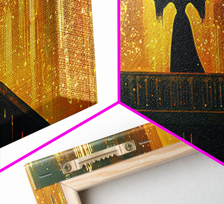 Golden Futuristic City Silhouette Canvas Print, Sci Fi Wall Art, Cyberpunk Skyline Decor, Neon Fantasy Living Room Art Poster