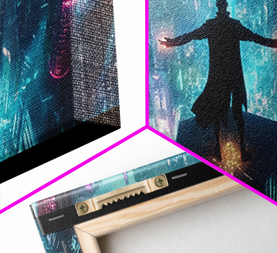 Neon Cyberpunk Skyline Framed Canvas Print, Futuristic City Wall Art, Sci Fi Gamer Room Decor And Dystopian Poster Prints