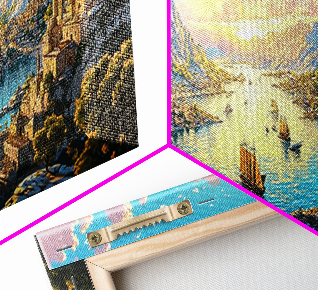 Mediterranean Mountain Harbor Canvas Print, Fantasy Seascape Wall Art, Coastal Village Decor For Living Room And Office Decor