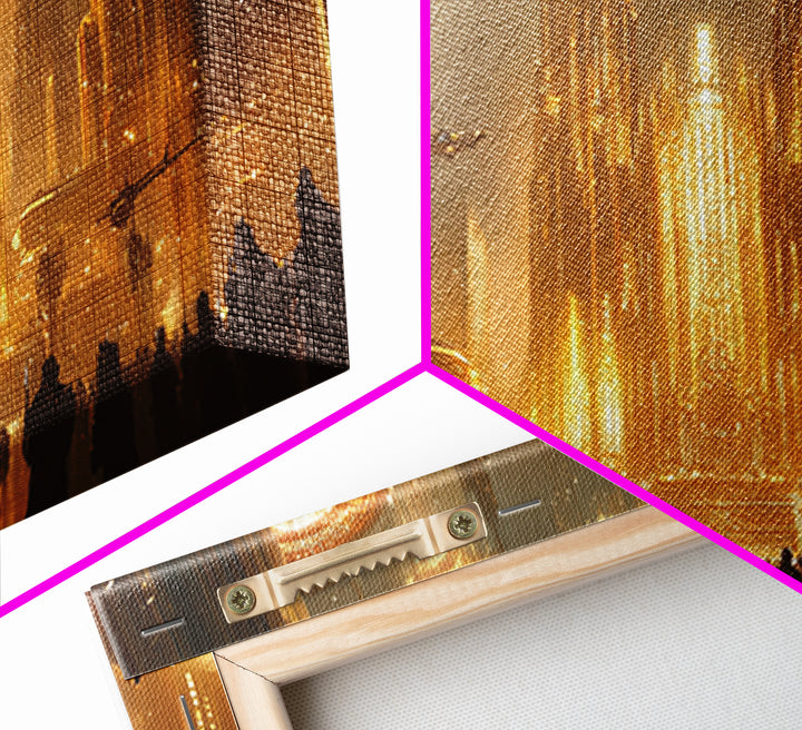 Golden Alien Metropolis Canvas Print, Sci Fi Futuristic City Wall Art, Ufo Fantasy Skyline Decor For Gamer Room And Office