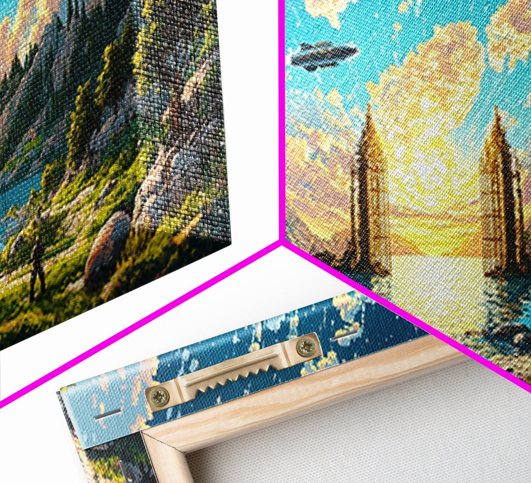 Fantasy Valley Portal Canvas Print, Epic Mountain Lake Wall Art, Adventure Landscape Decor For Kids Room And Gamer Room Poster