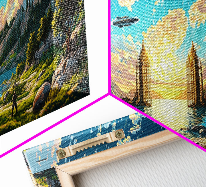 Fantasy Valley Portal Canvas Print, Epic Mountain Lake Wall Art, Adventure Landscape Decor For Kids Room And Gamer Room Poster