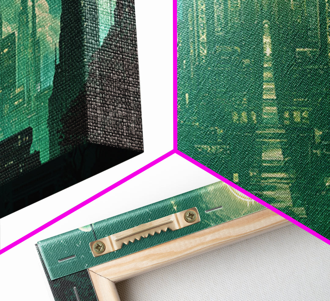 Emerald Celestial Temple Wall Art, Mystical Green City Canvas Print, Sci Fi Fantasy Decor For Meditation Room And Office