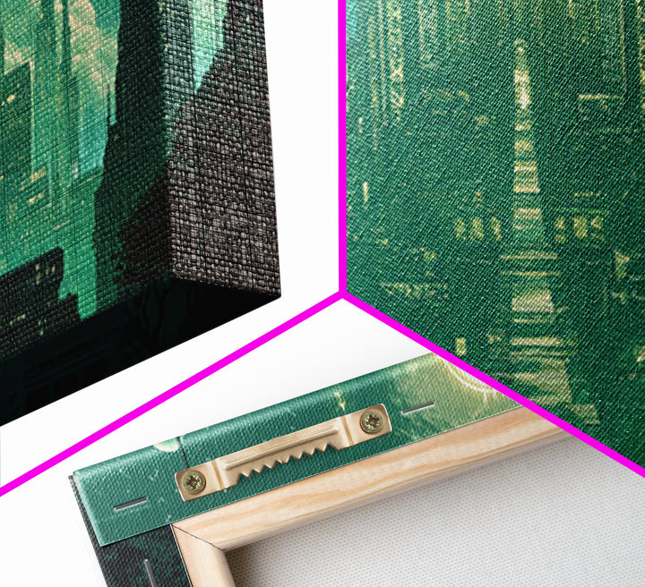 Emerald Celestial Temple Wall Art, Mystical Green City Canvas Print, Sci Fi Fantasy Decor For Meditation Room And Office