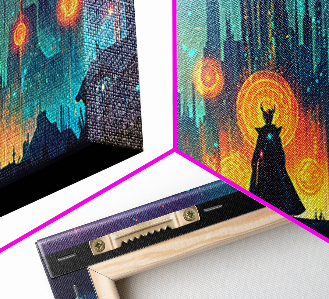 Cloaked Sorceress In Neon Skyline Wall Art, Cyberpunk Fantasy Canvas, Mystical Cityscape, Modern Sci Fi Gamer Room Decor Print