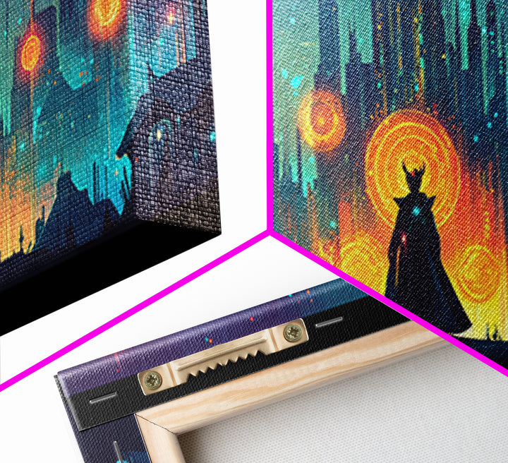 Cloaked Sorceress In Neon Skyline Wall Art, Cyberpunk Fantasy Canvas, Mystical Cityscape, Modern Sci Fi Gamer Room Decor Print