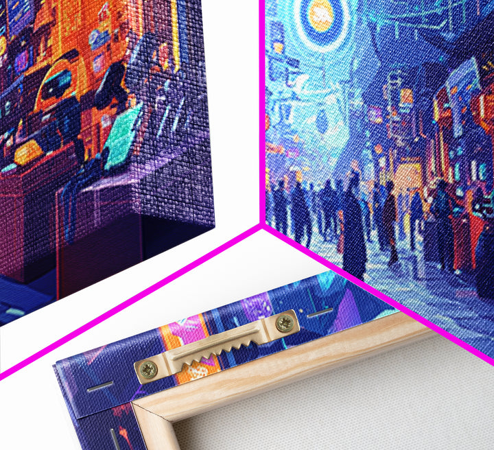 Neon Cyberpunk Market Arcade Wall Art, Futuristic City Canvas Print, Modern Gamer Room Decor, Sci Fi Urban Street Poster