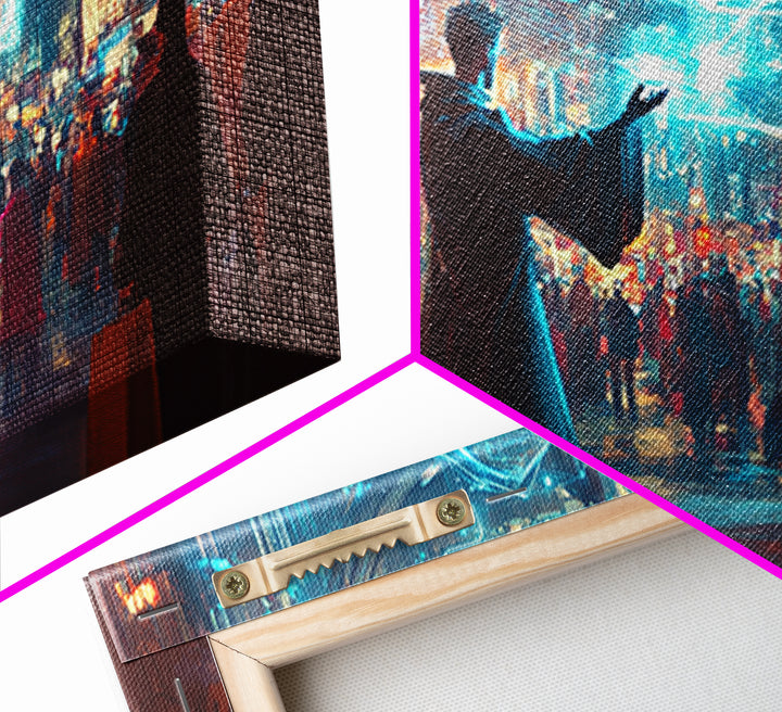 Wizard Casting Hologram In Neon City Wall Art, Cyberpunk Fantasy Canvas Print, Sci Fi Poster, Futuristic Modern Office Decor