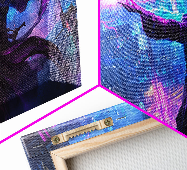 Mage Casting Neon Lightning Over City Wall Art, Cyberpunk Fantasy Canvas Print, Futuristic Skyline, Sci Fi Gamer Room Decor