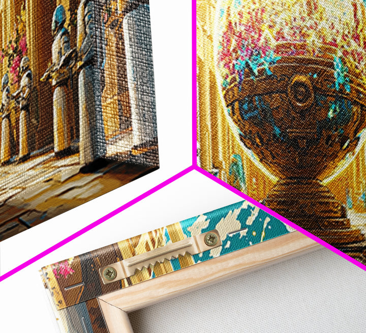 Golden Orb Palace With Futuristic Guards Wall Art, Sci Fi Fantasy Canvas Print, Maximalist Cityscape, Unique Art Home Decor